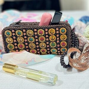 Handmade Crochet Wristlet • Boho Wooden Bead Mini Pouch